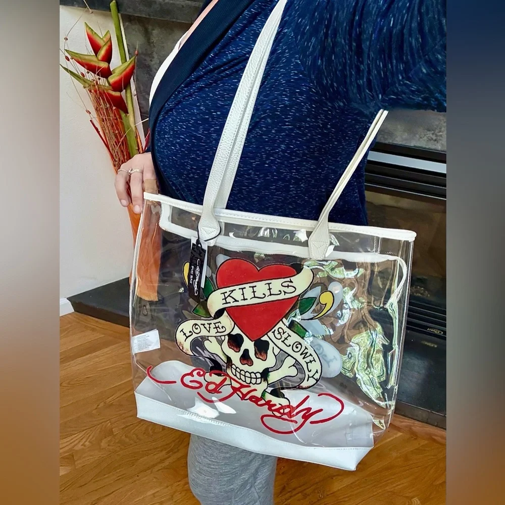 NWT Ed Hardy BIG clear stadium bag PVC Zip tote Leather Trim ~ Love Kills Slowly - Picture 8 of 16